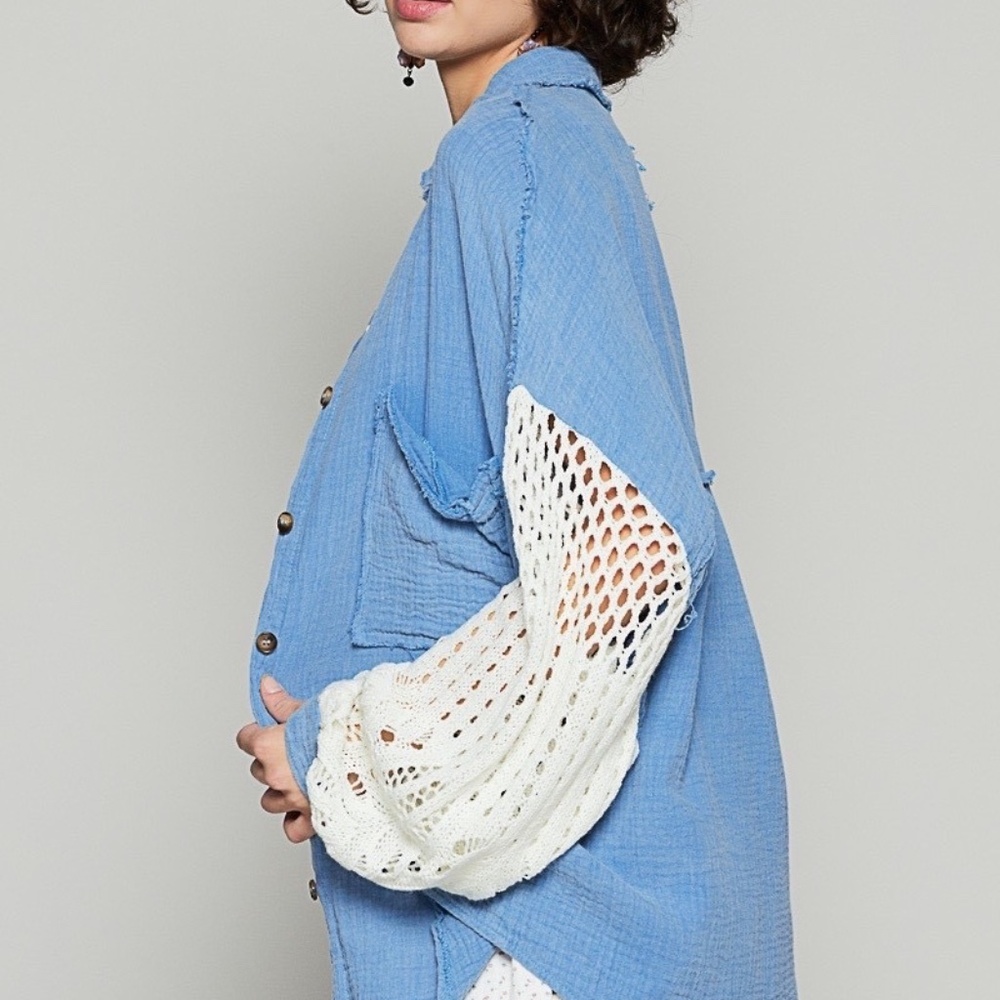 New POL Clothing Women's Gauze Knit Button Down Front Shacket Oversized Blue - Picture 5 of 10